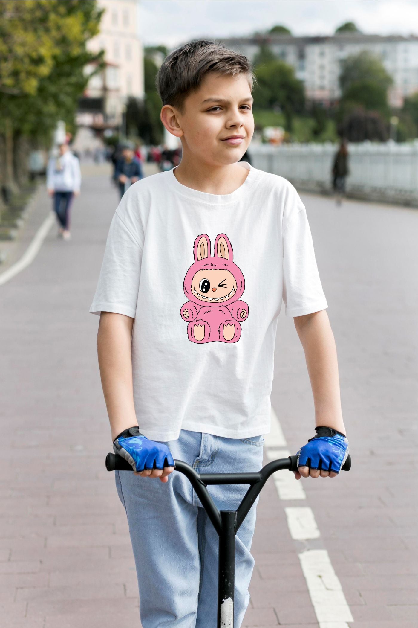 Cute Labubu Pink Bunny Winking Sitting Character Print Cotton T-Shirt for Kids