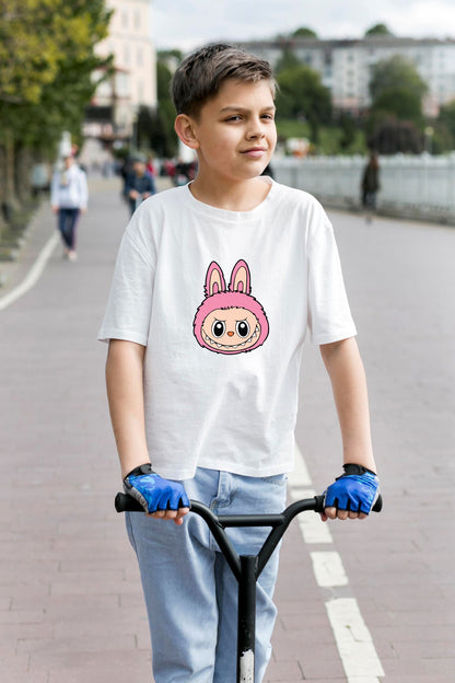 Cute Labubu Pink Bunny Face Cotton Tee for Kids