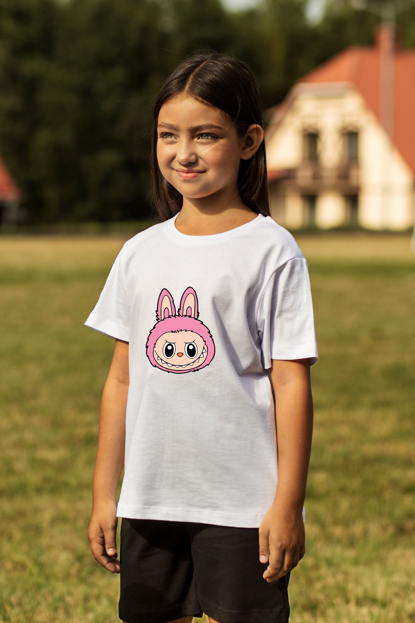 Cute Labubu Pink Bunny Face Cotton Tee for Kids