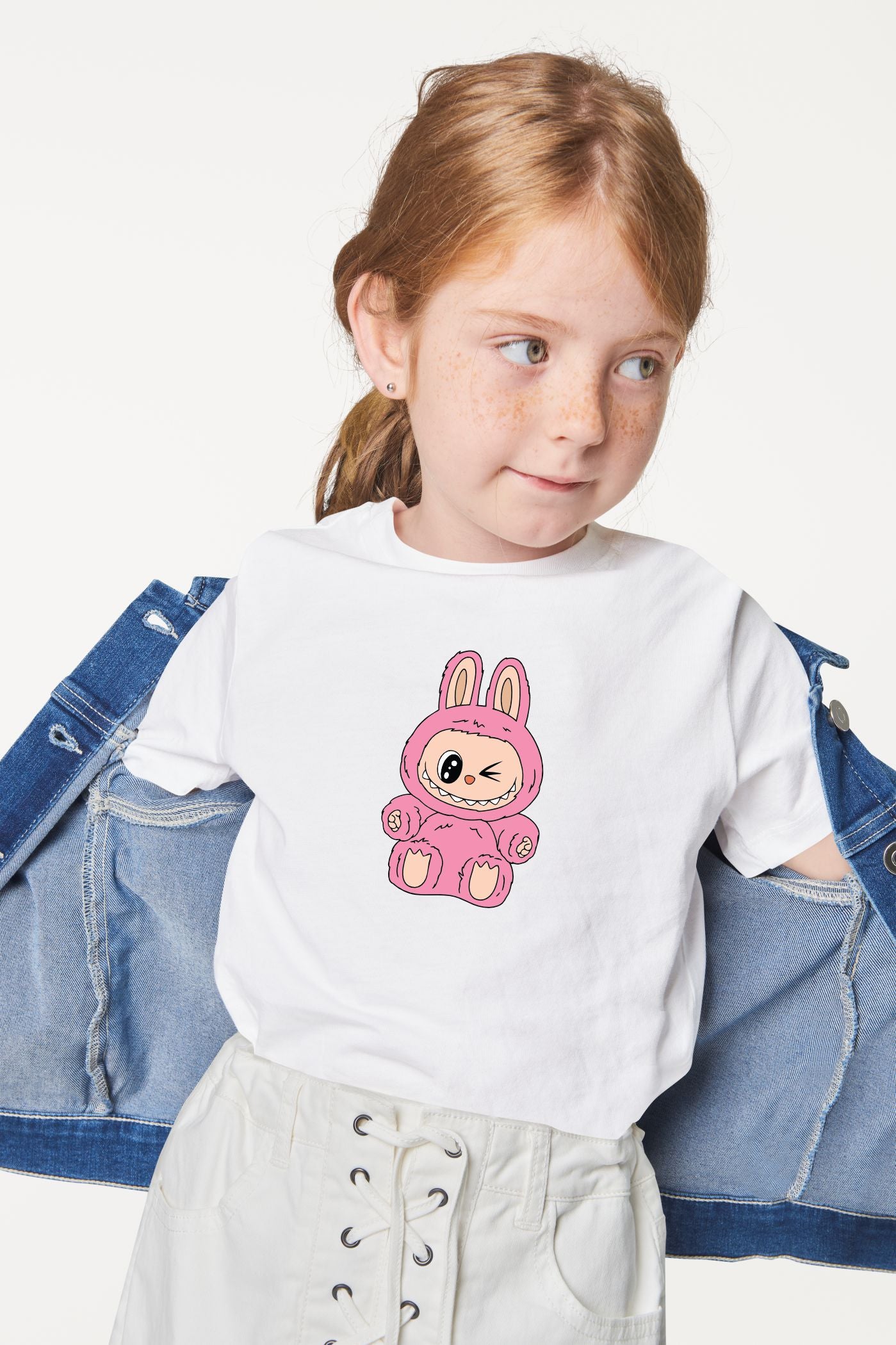 Cute Labubu Pink Bunny Winking Sitting Character Print Cotton T-Shirt for Kids