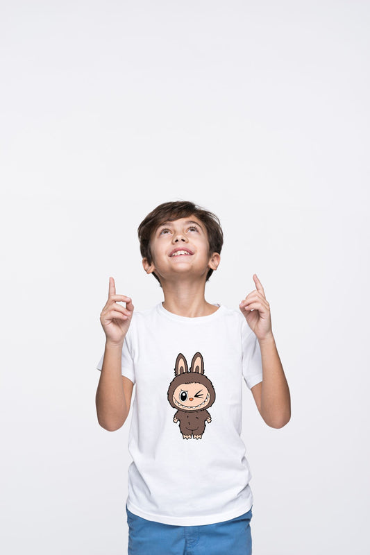 Labubu Brown Bunny Winking Standing Character Cotton T-Shirt for Kids