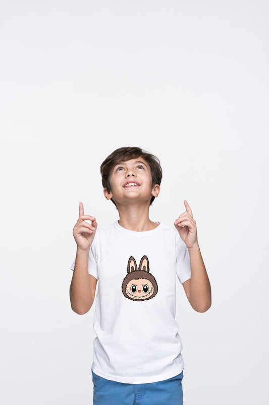 Cute Labubu Brown Bunny Face Cotton Tee for Kids
