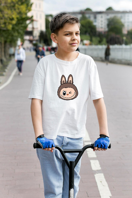Adorable Labubu Brown Bunny Winking Face Kids’ Cotton Tee