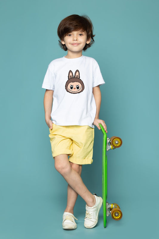 Cute Labubu Brown Bunny Face Cotton Tee for Kids