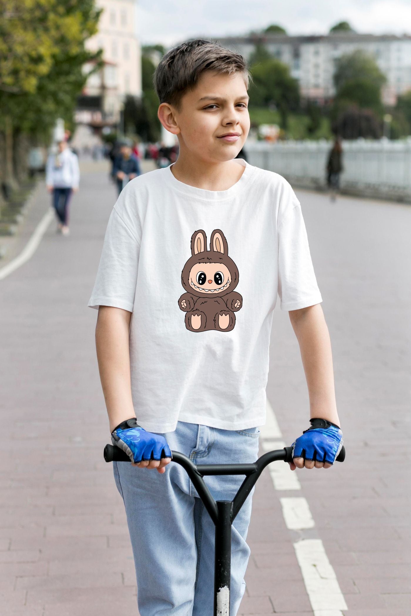 Adorable Labubu Brown Bunny Sitting Character Print Cotton T-Shirt for Kids