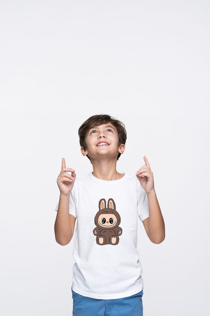 Adorable Labubu Brown Bunny Sitting Character Print Cotton T-Shirt for Kids