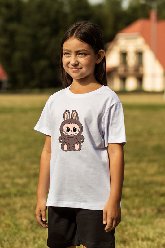 Adorable Labubu Brown Bunny Sitting Character Print Cotton T-Shirt for Kids