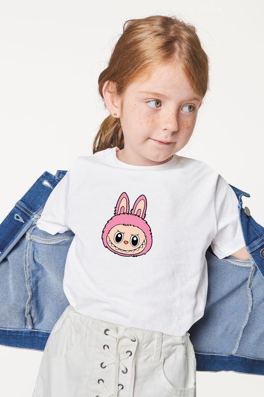 Cute Labubu Pink Bunny Face Cotton Tee for Kids