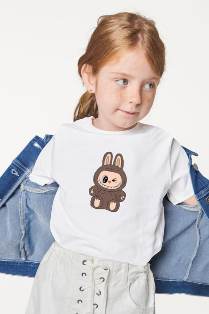 Cute Labubu Brown Bunny Winking Sitting Character Print Cotton T-Shirt for Kids