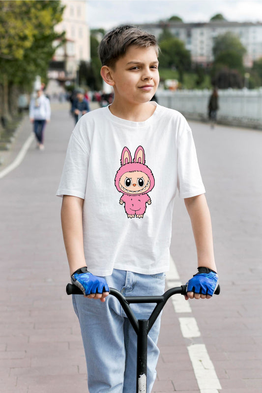 Adorable Labubu Pink Bunny Standing Character Cotton T-Shirt for Kids