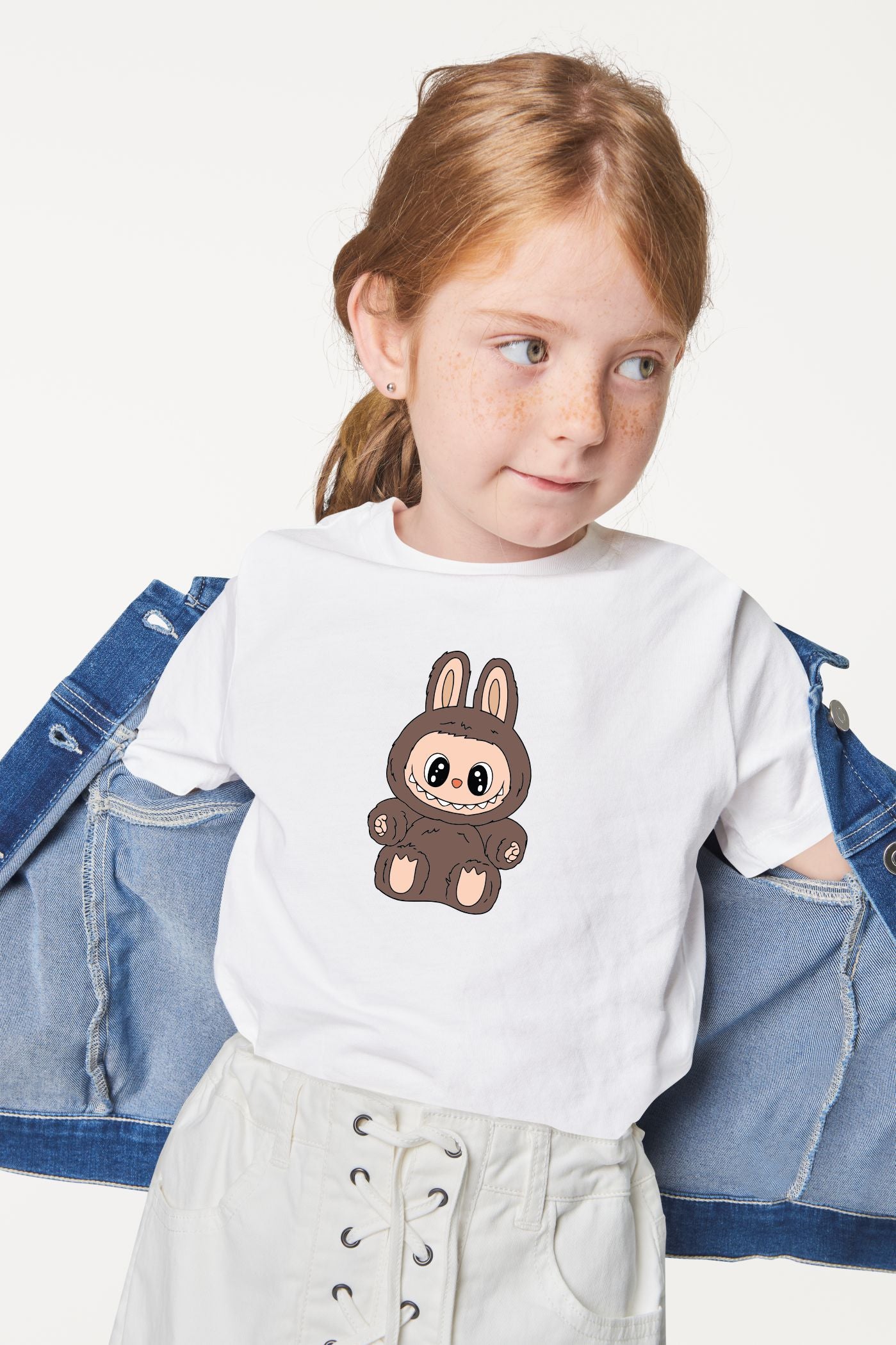 Adorable Labubu Brown Bunny Sitting Character Print Cotton T-Shirt for Kids