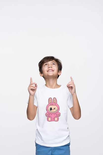 Cute Labubu Pink Bunny Winking Sitting Character Print Cotton T-Shirt for Kids