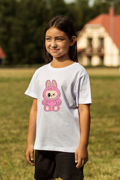 Cute Labubu Pink Bunny Winking Sitting Character Print Cotton T-Shirt for Kids