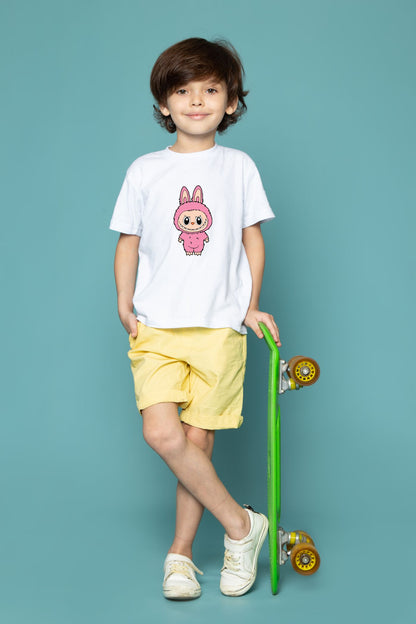 Adorable Labubu Pink Bunny Standing Character Cotton T-Shirt for Kids