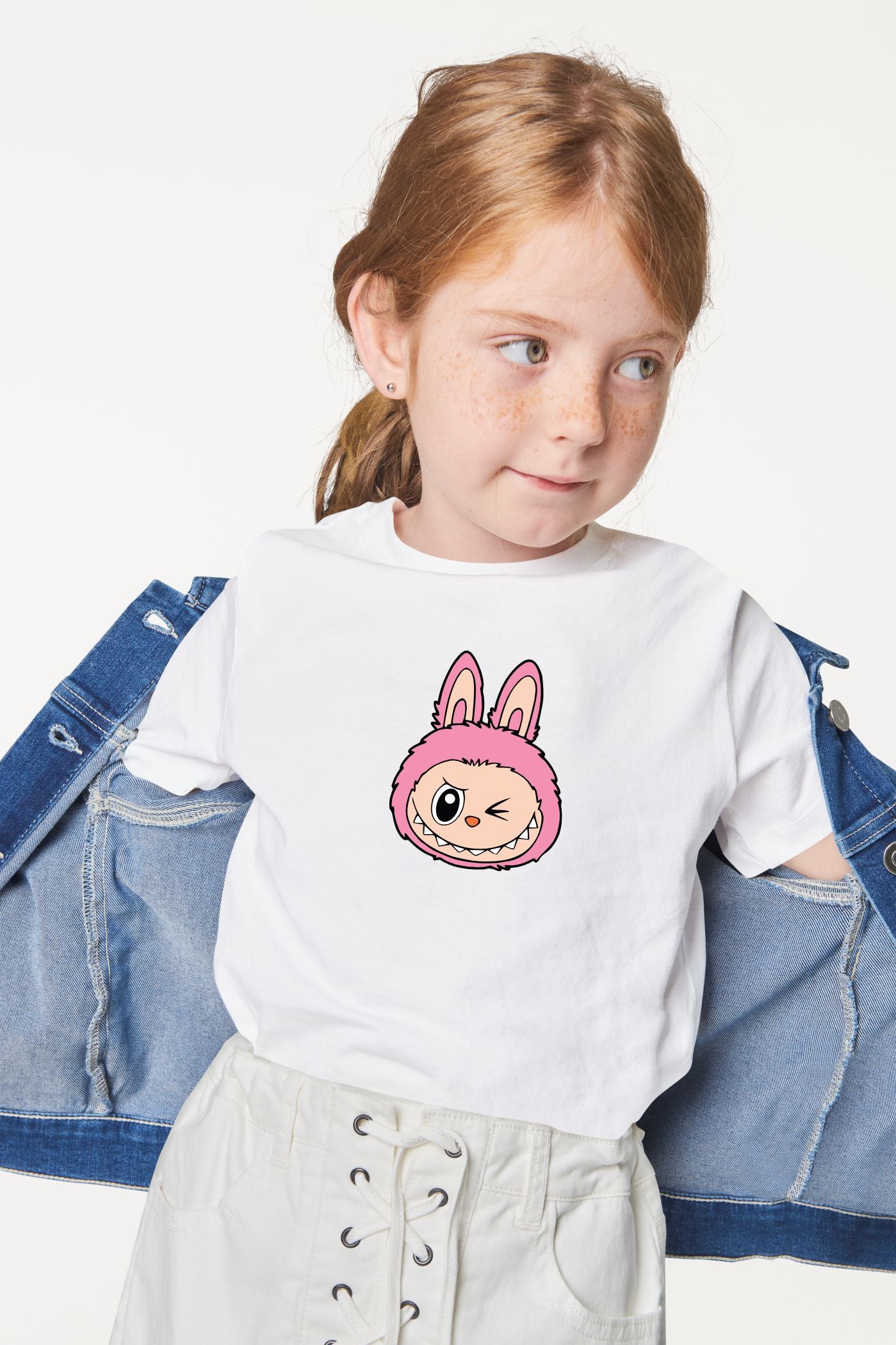 Adorable Labubu Pink Bunny Winking Face Print Kids’ Cotton Tee