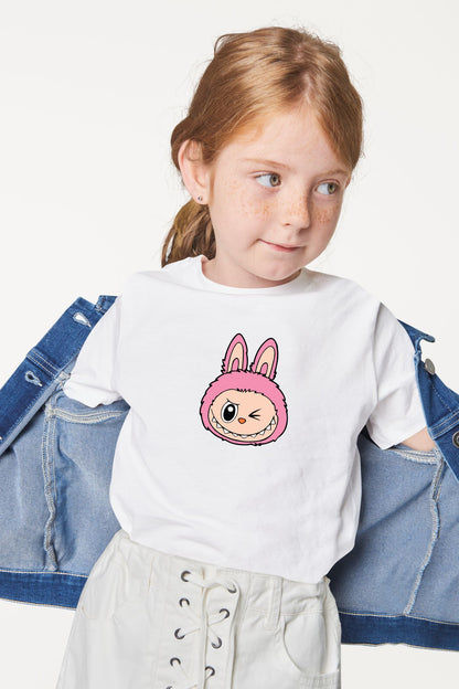 Adorable Labubu Pink Bunny Winking Face Print Kids’ Cotton Tee