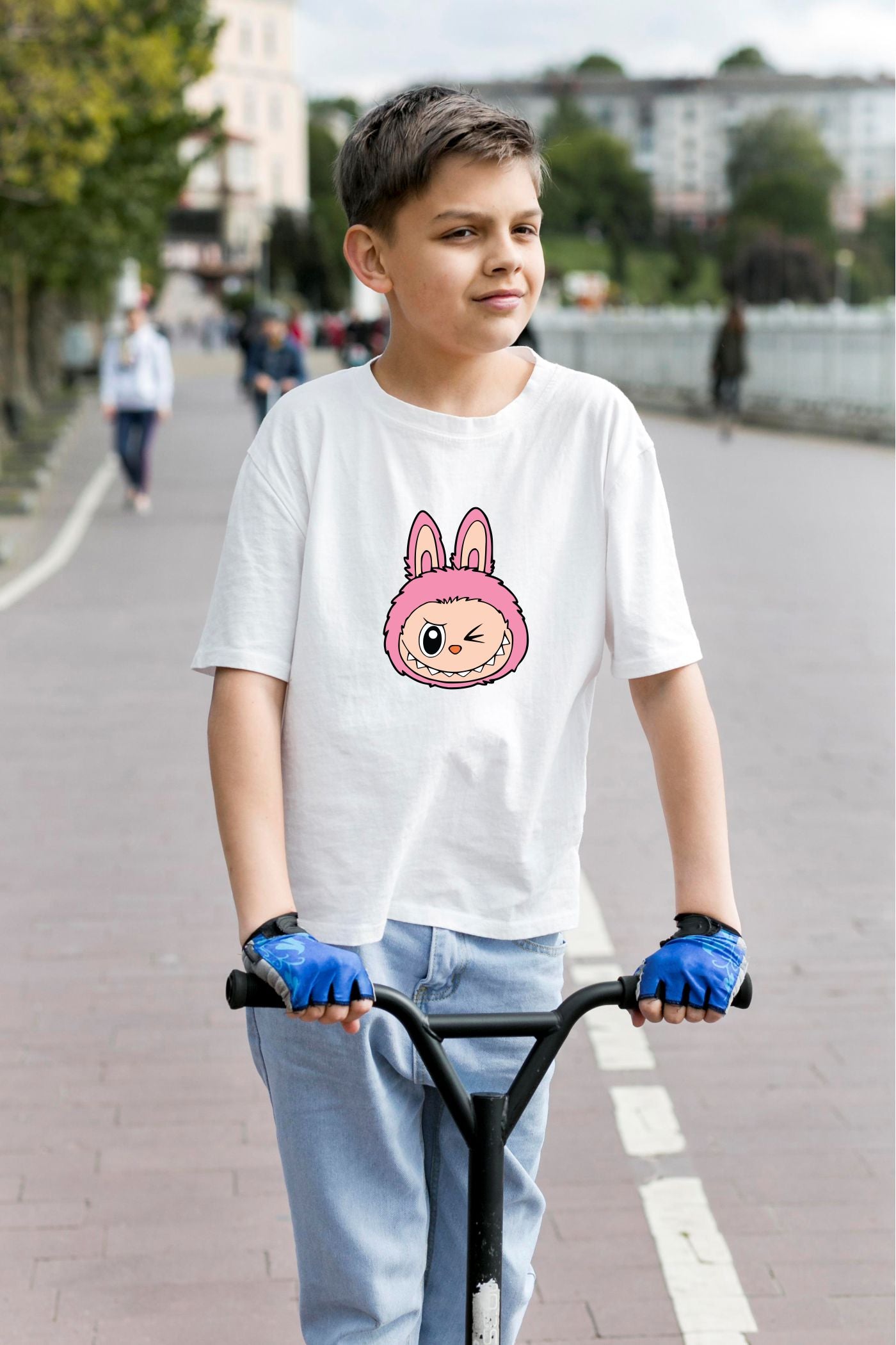 Adorable Labubu Pink Bunny Winking Face Print Kids’ Cotton Tee