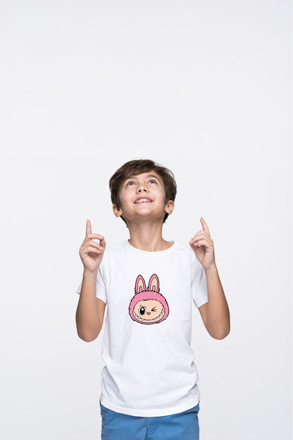 Adorable Labubu Pink Bunny Winking Face Print Kids’ Cotton Tee