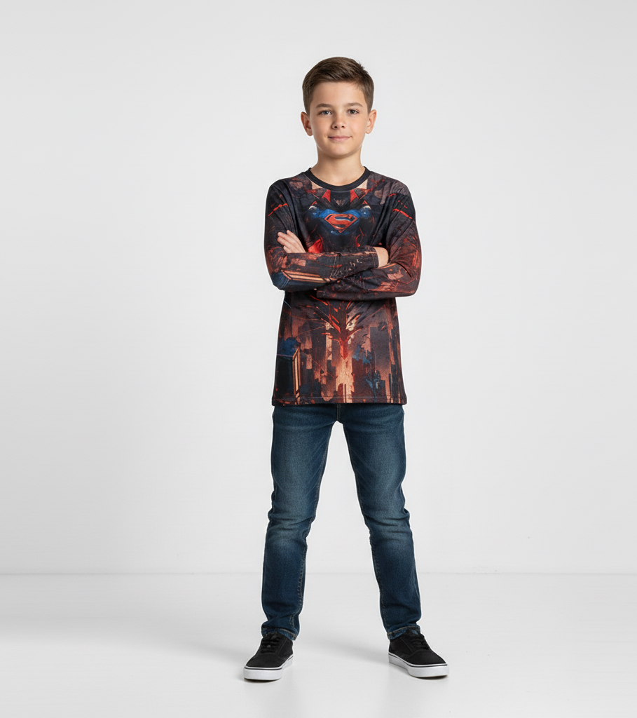 Man of Steel Unleashed: Superman 'Crimson Vengeance' All-Over Sublimation Long-Sleeve Unisex T-Shirt | DC Comics Dynamic Artwear