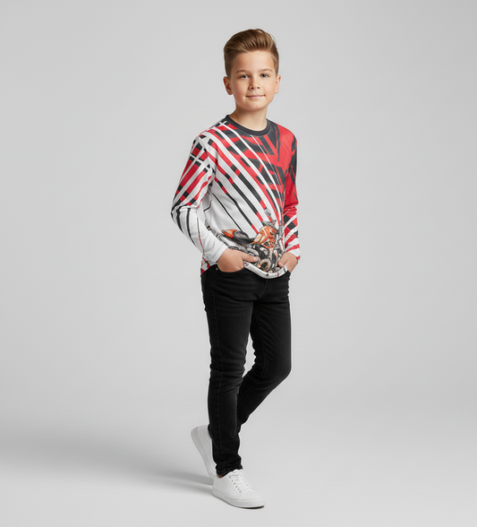 Apex Racer: Hyper-Graphic Motorcycle Sublimation Long-Sleeve T-Shirt | Red & Black Rider Gear