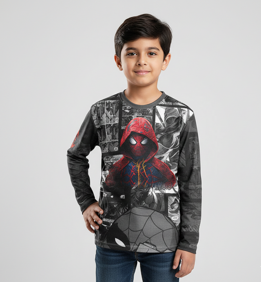 Web-Slinger’s Edge: Spider-Man Noir Hooded All-Over Comic Panel Sublimation Long-Sleeve T-Shirt | Marvel Streetwear